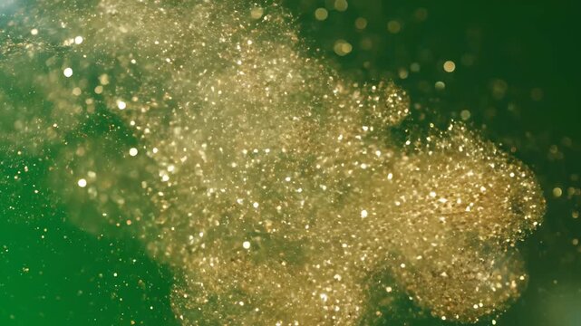 Golden glitter in motion against green background