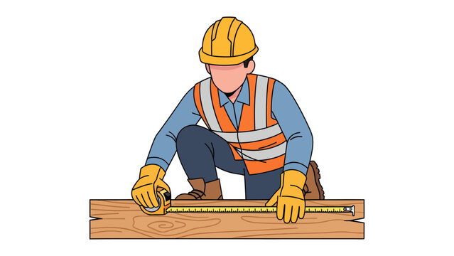 Construction Worker Measuring Wood: A focused construction worker carefully measures a piece of wood with a tape measure, emphasizing precision and attention to detail.