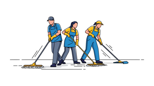 Team of Cleaning Crew in Action: A dynamic trio of dedicated individuals, clad in professional attire, diligently clean with mops, demonstrating commitment and care to maintain pristine conditions.