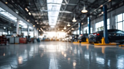 A blurry image of a spacious modern service station with vehicles and equipment. Backgrounds on automotive topics, repairs, technology, industry, transportation, and business