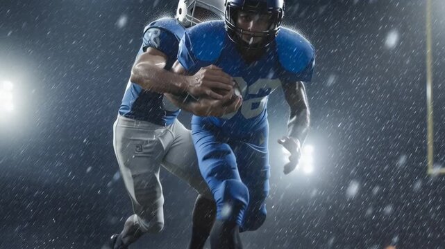 Two football players are involved in a play on a wet field. Rain falls heavily as one player runs with the ball while the other pursues. Bright lights illuminate the scene.