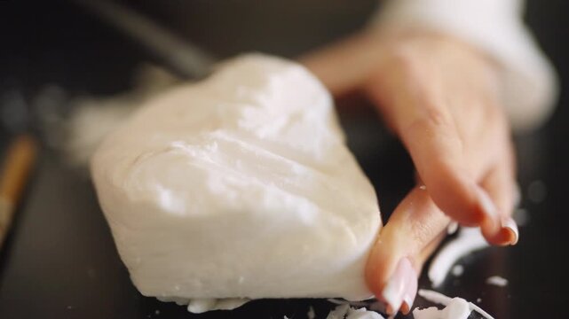 Close-up woman sculpting in a block of white porcelain to craft handmade pottery. Chiseling off chunks of the porcelain clay