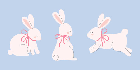 Fototapeta premium Set of cute rabbits with bows. Template for baby design, Easter card, Mother's day or Valentine's day.
