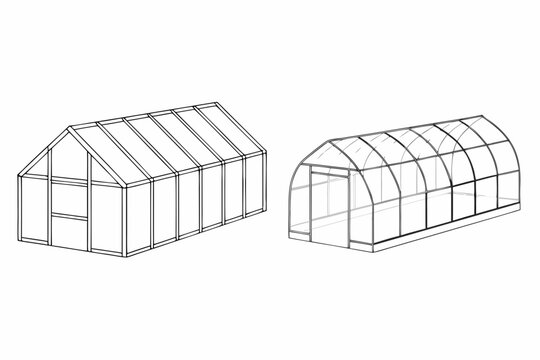 Line drawing of two different greenhouse designs gable and quonset