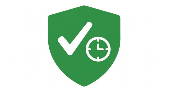 A green shield icon with a white checkmark and clock symbol, representing security and time management.