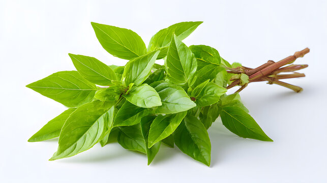 Fresh Thai Basil Herb on Clean White Background Studio Shot