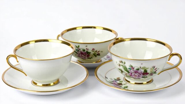 Three floral teacups, gold trim, matching saucers on a white background