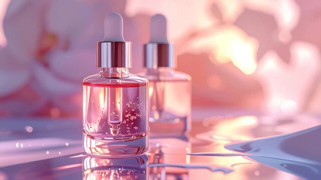 Two glass serum bottles with droppers, liquid, bubbles, reflection, soft focus background, pink tones