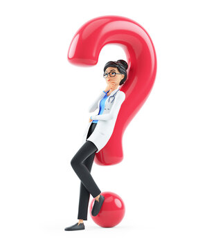 3d cartoon female doctor leaning under question mark