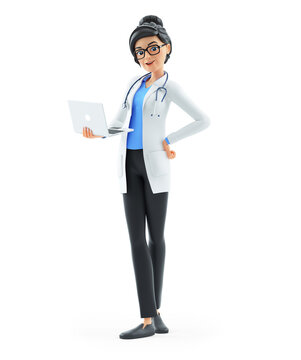 3d cartoon female doctor standing with laptop