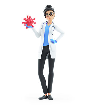 3d cartoon female doctor standing and holding virus bacteria