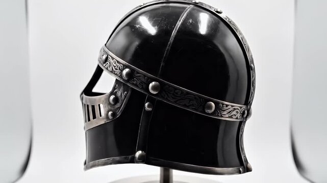 Close-up side view of a dark, ornate helmet with visible scratches on its surface