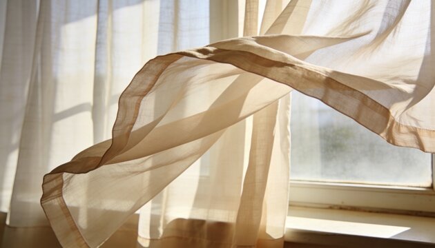 Billowing sheer beige curtain with visible hem catching warm sun at painted sill, casting shadows