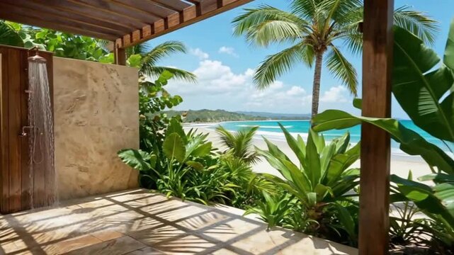 Video of outdoor shower stall with tropical beach view and lush greenery on sunny day. concepts of seaside relaxation, luxury paradise, summer travel, or travel agency promotions