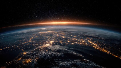 Fototapeta premium A breathtaking view of the Earth from space showcasing the curvature, city lights, clouds, and a sunrise. Sparkling stars fill the night sky above