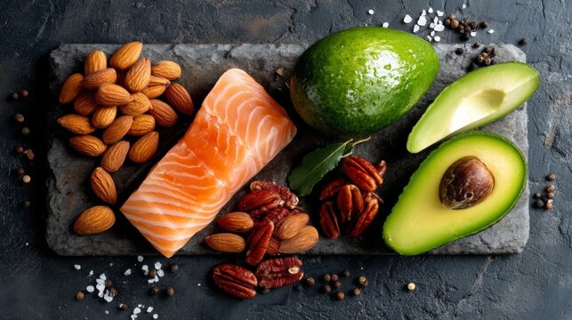 Fresh salmon fillet, sliced avocado, almonds, and pecans arranged on a dark stone platter with sea salt and peppercorns for a healthy meal presentation