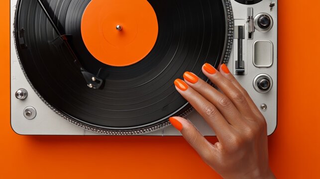 Hand with bright orange nails gently touching a spinning vinyl record on a turntable with an orange background, showcasing a modern music setup