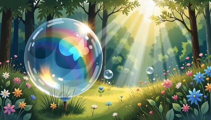 Naklejka premium Colorful soap bubble floating in vibrant forest with sunlight rays 
