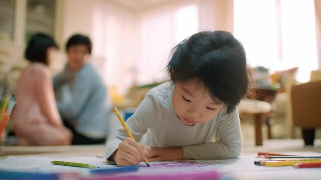Creative Child: A focused child enthusiastically engrossed in drawing, while the loving parents watch in support. The image conveys the values of family bond and imagination.