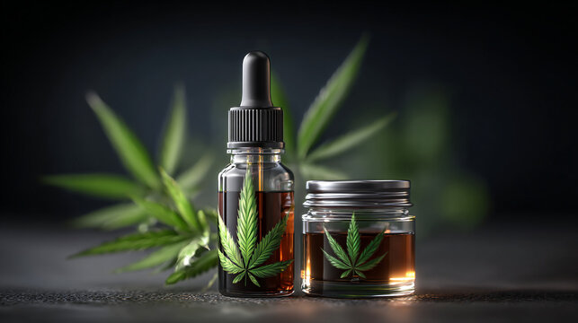 Dark brown CBD oil in bottle and jar with cannabis leaf and dropper.