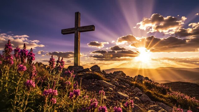 Wooden cross with purple flowers at sunset