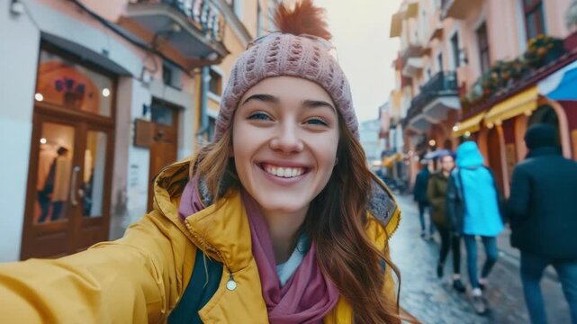 Smiling woman in yellow coat and knit cap walking down city street at sunset