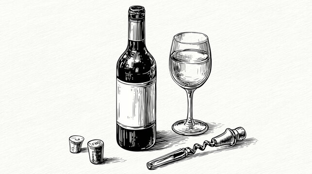 A bottle of wine sits next to a glass of wine and a corkscrew with two corks on a textured surface