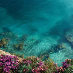 Fototapeta premium Vibrant coastal flowers overlooking clear turquoise ocean water