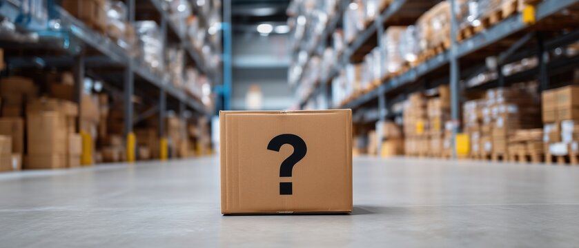 Cardboard box with question mark in warehouse aisle. Lost or missing package concept, logistics confusion, delivery problem and supply chain uncertainty