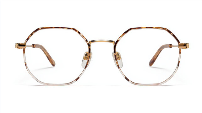 Octagonal shaped eyeglasses with a tortoise shell pattern on a white background