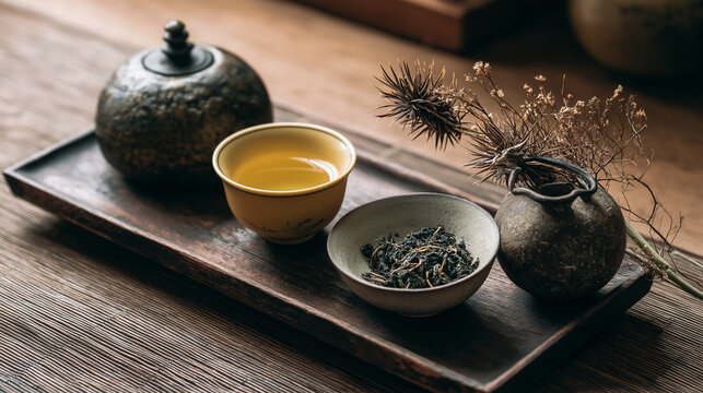 A traditional tea ceremony setup features a rustic teapot, a cup of brewed tea, a bowl of loose tea leaves, and dried floral decorations on a wooden tray