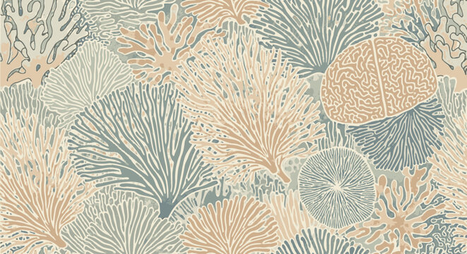 Seamless pattern of stylized coral reef elements in pastel colors, ideal for wallpaper and textile design