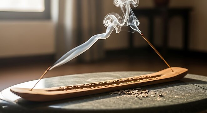 Curved Incense Stick Infrared Smoke Arch on Wooden Incense Tray