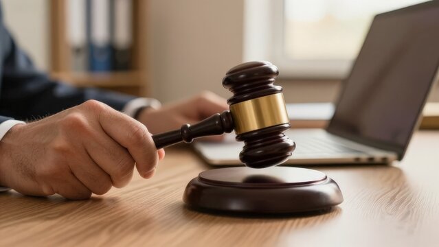 Court Technology Scene, Legal Proceeding With Digital Tools, Virtual Court Session With Modern Digital Equipment, Online Tribunal Environment Featuring Electronic Documents And Soft Lighting