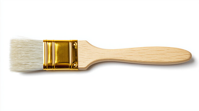 A clean paintbrush with a wooden handle and metal ferrule sits on a white background