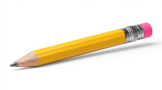 A sharpened yellow pencil with a pink eraser rests against a white background