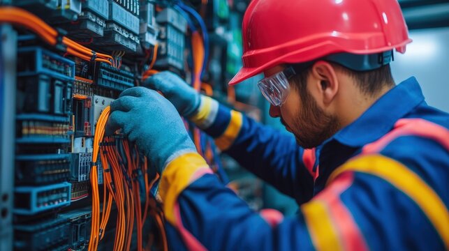 An electrician wearing safety gear works on wiring inside an electrical panel in an industrial setting.