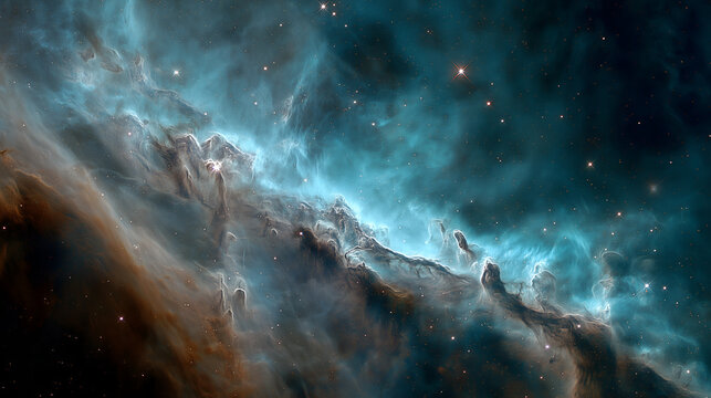 Diagonal wall of dense gas in the Orion Nebula, a vibrant astronomical landscape