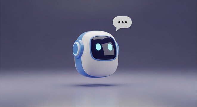 Cute 3D chatbot assistant robot head with digital chat bubble