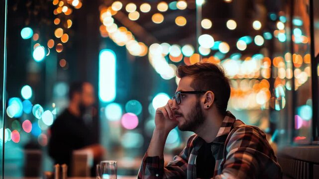 Man sits by window, gazing into blurred city lights