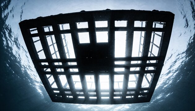 Floating metal grate platform tilting below water surface, showing grid openings and sun shafts