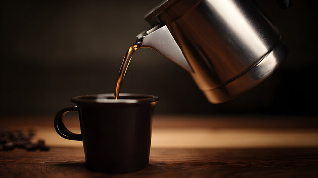 Moka pot pour macro pour warm tungsten espresso cup coffee stream rich aroma intimate moment