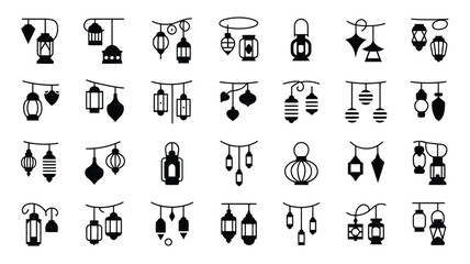Black and white lantern icons set hanging lamp decorations festive string lights holiday symbols eid or ramadan celebration elements isolated on white background © Antu