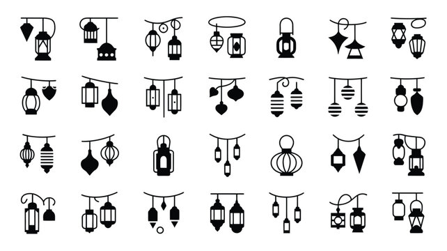 Black and white lantern icons set hanging lamp decorations festive string lights holiday symbols eid or ramadan celebration elements isolated on white background
