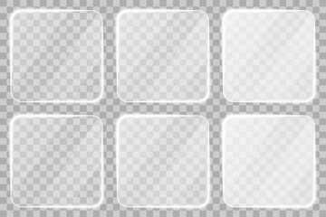 Square glass frames collection. Realistic glass frames with borders, glare, light reflections, and semi-transparent texture. Glassmorphism UI design elements for modern apps and dashboards. Vector