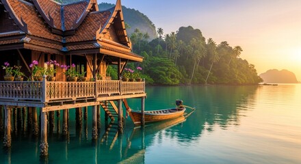 Obraz premium Beautiful Traditional Thai Stilt House Over Calm Tropical Water