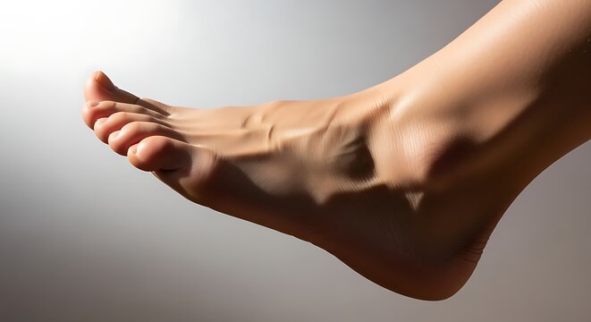 barefoot woman's foot with toes curled up and heel raised high on gray background for health and wellness concepts