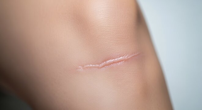 Close up of a small scar on human skin, a mark of injury or surgery on the arm or leg area