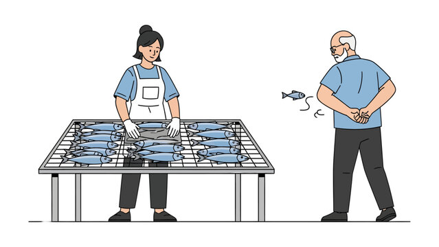 Fish Processing in the factory: In the fish processing plant, employees handle and process fish to maintain its freshness and quality.