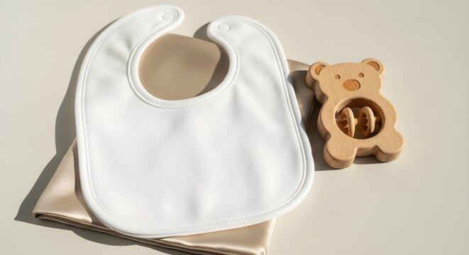 Baby care accessories, white bib and wooden teddy bear teether on beige background